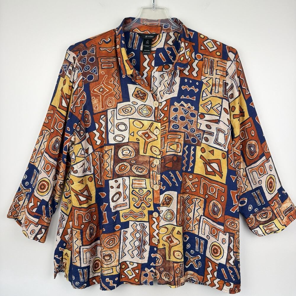 Ali Miles Tunic Top Plus 1X Burnt Orange Abstract Geometric Tribal Wire Collar